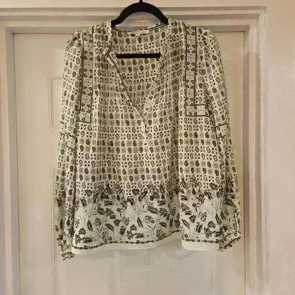 Rose & Olive Womens Balloon Sleeve Boho Peasant Tunic Top Cream Black Size Small - Picture 1 of 11